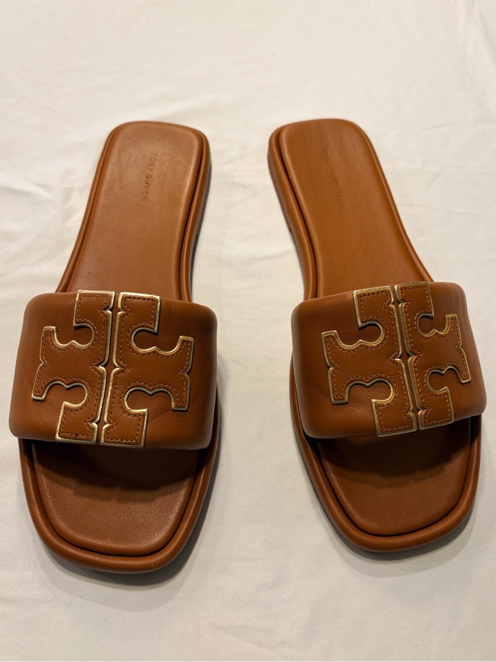Tory Burch Double T Sport Slide Sandals Leather Bourbon Miele Gold Size 11M